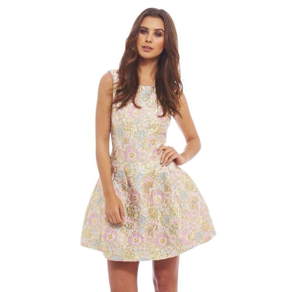 AX PARIS‎ Metallic Skater Floral Sleeveless Mini Dress Size 8 6 4 Summer Wedding